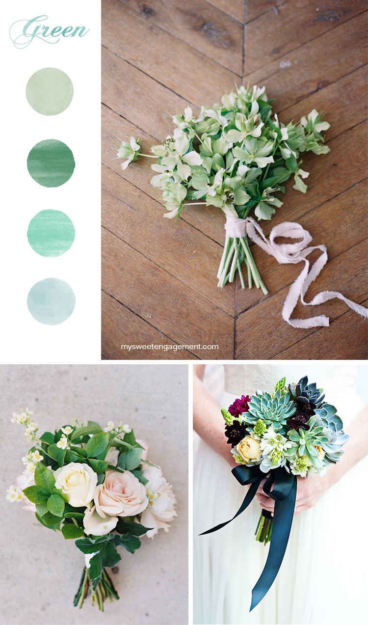 8 Wedding Bouquet Color Inspirations - Green flowers | More on: http://mysweetengagement.com/50-shades-of-flowers-wedding-bouquet-color-inspiration