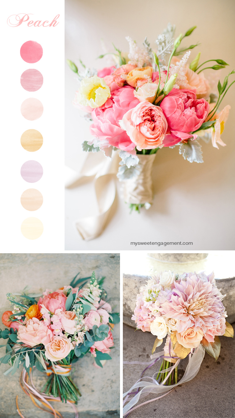 8 Wedding Bouquet Color Inspirations - Peach flowers | More on: http://mysweetengagement.com/50-shades-of-flowers-wedding-bouquet-color-inspiration