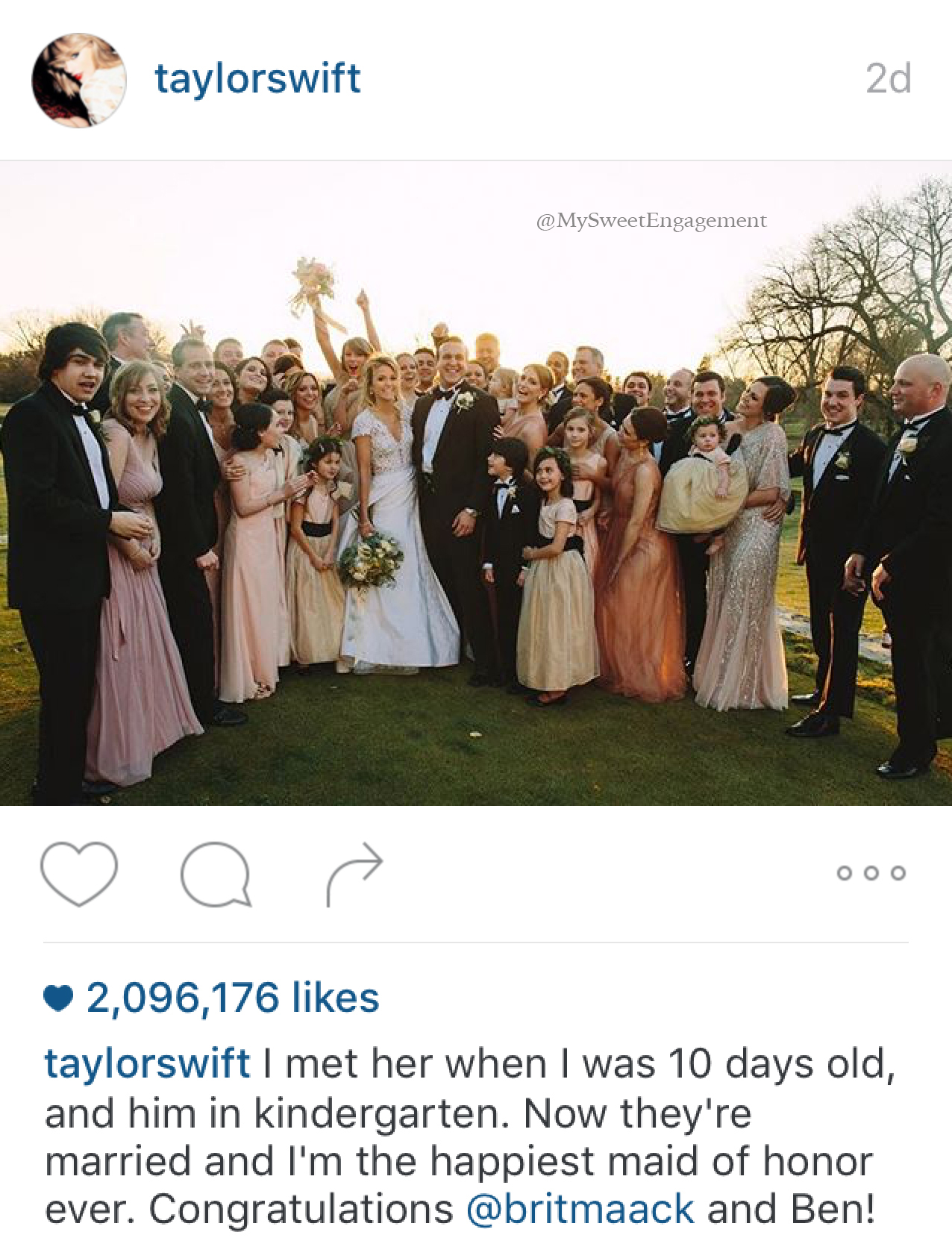 Taylor Swift at her best friend wedding as maid of honor. Bridal party with bride and groom