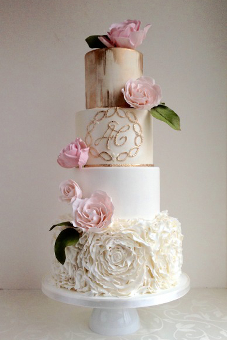 Copper and ruffled wedding cake with pink peonies | See more: http://mysweetengagement.com/15-extraordinary-wedding-cakes-for-all-wedding-styles