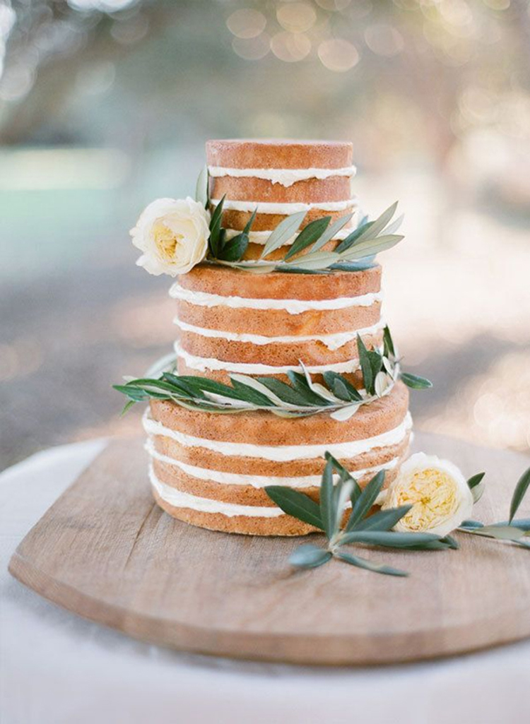 Naked wedding cake with olive leaves | See more: http://mysweetengagement.com/15-extraordinary-wedding-cakes-for-all-wedding-styles