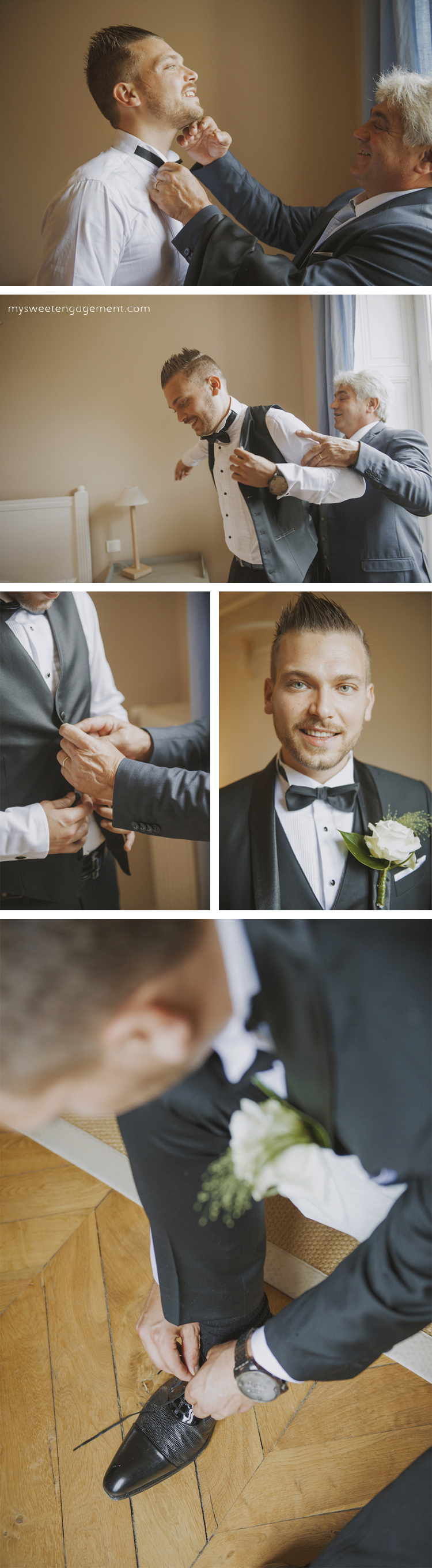 groom and his dad getting ready - bow tie - boutonniere - man vest and suit - groom's shoes - wedding blog - my sweet engagement