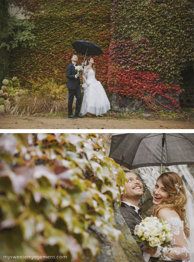 fotografia de casamento - noivo e noiva - noivos - outono - casamento na chuva - guarda chuva - vestido de casamento renda buquê - blog de casamento - my sweet engagement