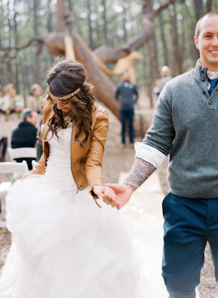 Leather jacket as bridal cover up. // 10 Gorgeous Cover Up Ideas to Keep the Bride Warm and Stylish this Winter. // http://mysweetengagement.com