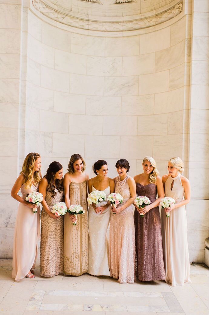 Chic mismatched bridesmaid dresses in metallic colors. // See more: Mix It Up: 15 Mix and Match Bridesmaid Dresses Done Right // http://mysweetengagement.com