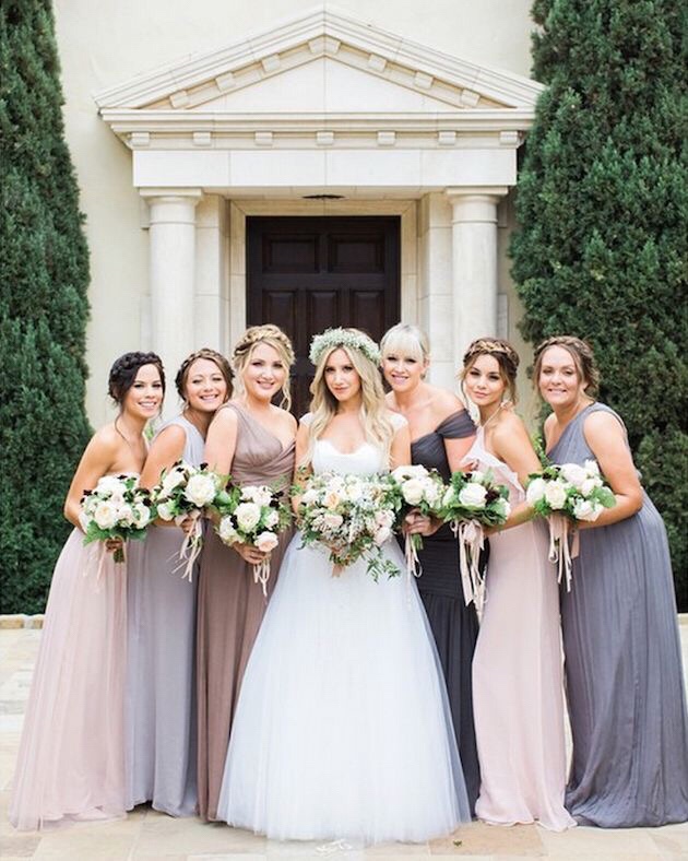 Vanessa Hudgens was one of the bridesmaids who used a mix and match dress at Ashley Tisdale wedding. | Photo by Corbin Gurkin via Ashley Tisdale on Instagram. | See more: Mix It Up: 15 Mix and Match Bridesmaid Dresses Done Right // http://mysweetengagement.com