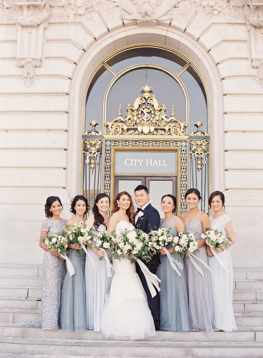 Bridesmaid squad on point with these mismatched pastel and sparkle blue dresses. // See more: Mix It Up: 15 Mix and Match Bridesmaid Dresses Done Right // http://mysweetengagement.com