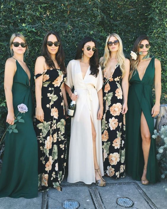 Mix and match floral and emerald green bridesmaid dresses, perfect look for a casual day wedding or bridal shower brunch. // See more: Mix It Up: 15 Mix and Match Bridesmaid Dresses Done Right // http://mysweetengagement.com