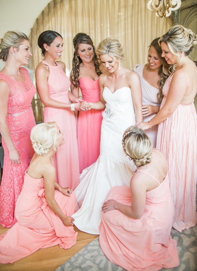 Pink and Peach mismatched bridesmaid dresses look incredibly gorgeous. // See more: Mix It Up: 15 Mix and Match Bridesmaid Dresses Done Right // http://mysweetengagement.com
