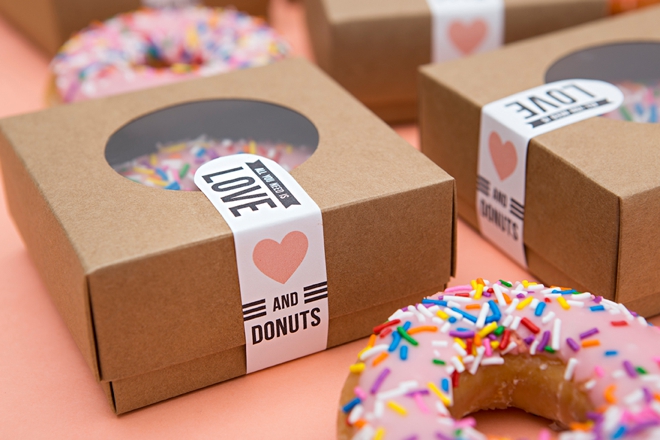 All we need is love and donuts! Yammy wedding favor idea: individual donut boxes. // Wedding favor ideas your guests will love