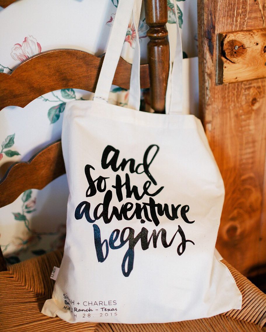Lovely personalized tote bag: And so the adventure begins. // Wedding favor ideas your guests will love