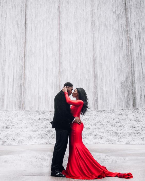 Classy Engagement Outfit. Red long sleeve mermaid dress. Lauren Cowart Photography // Don't know what to wear for your engagement pictures? Check out these 10 Formal Engagement Photo Outfit Ideas. // http://mysweetengagement.com