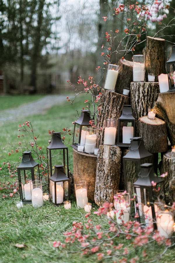 Garden wedding ceremony with wood and candles altar by the tree. // 15 Stunning Ways to Decorate with Candles // http://mysweetengagement.com