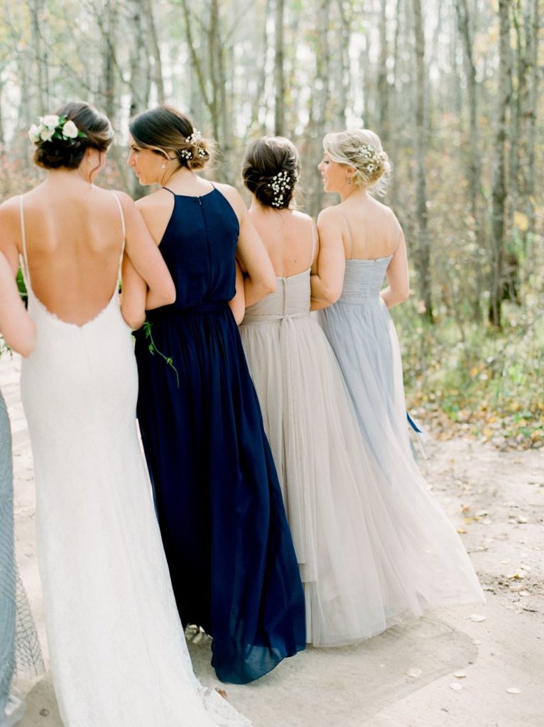 Mismatched blues and gray bridesmaid dresses
