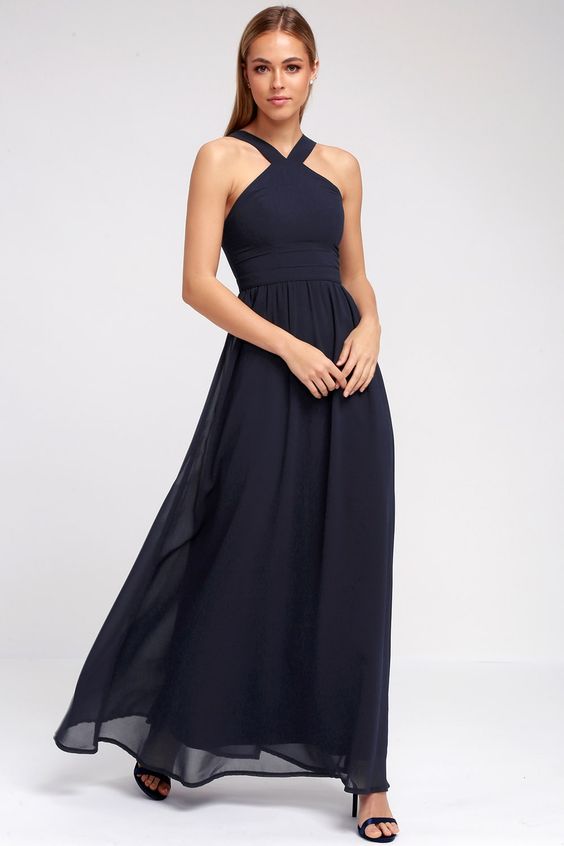 Gorgeous flowy maxi navy blue bridesmaid dress inspiration. 