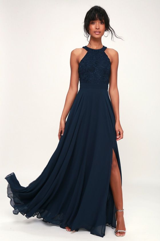 Halter neckline and flowing skirt with slit bridesmaid dress inspiration. 