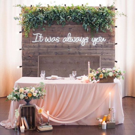"It was always you". Romantic quote to decorate the wedding venue. This bride and groom backdrop will make the most amazing photos. // Fun and bright neon wedding sign decor ideas // mysweetengagement.com