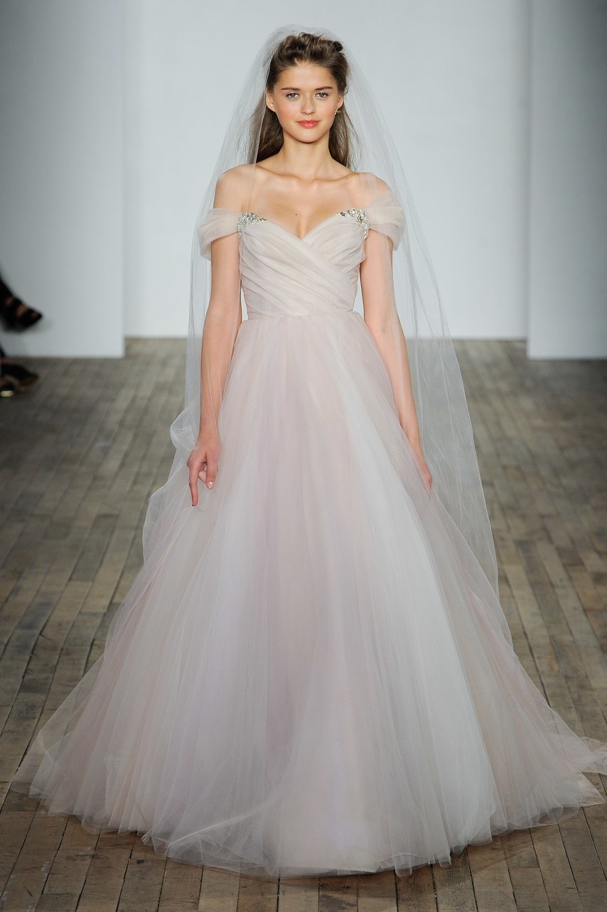 Blush pink off the shoulder Hayley Paige tule ball gown wedding dress. // mysweetengagement.com