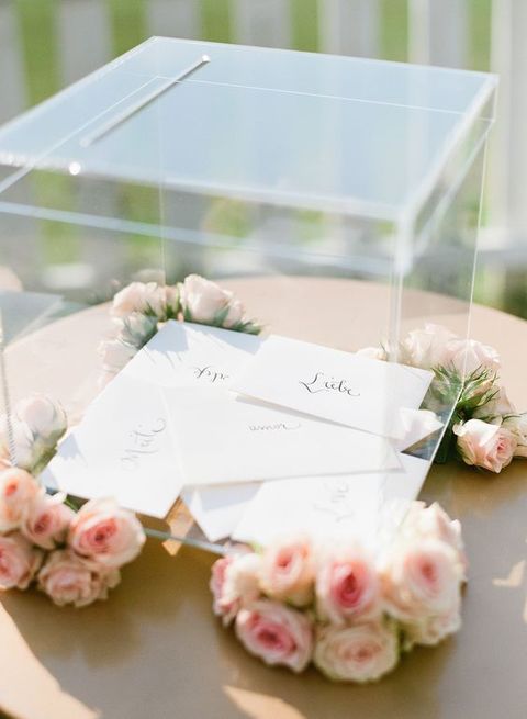 Modern affair: Acrylic wedding decor and ideas. Wish the bride and groom well with this gorgeous see-through perspex car box. // mysweetengagement.com