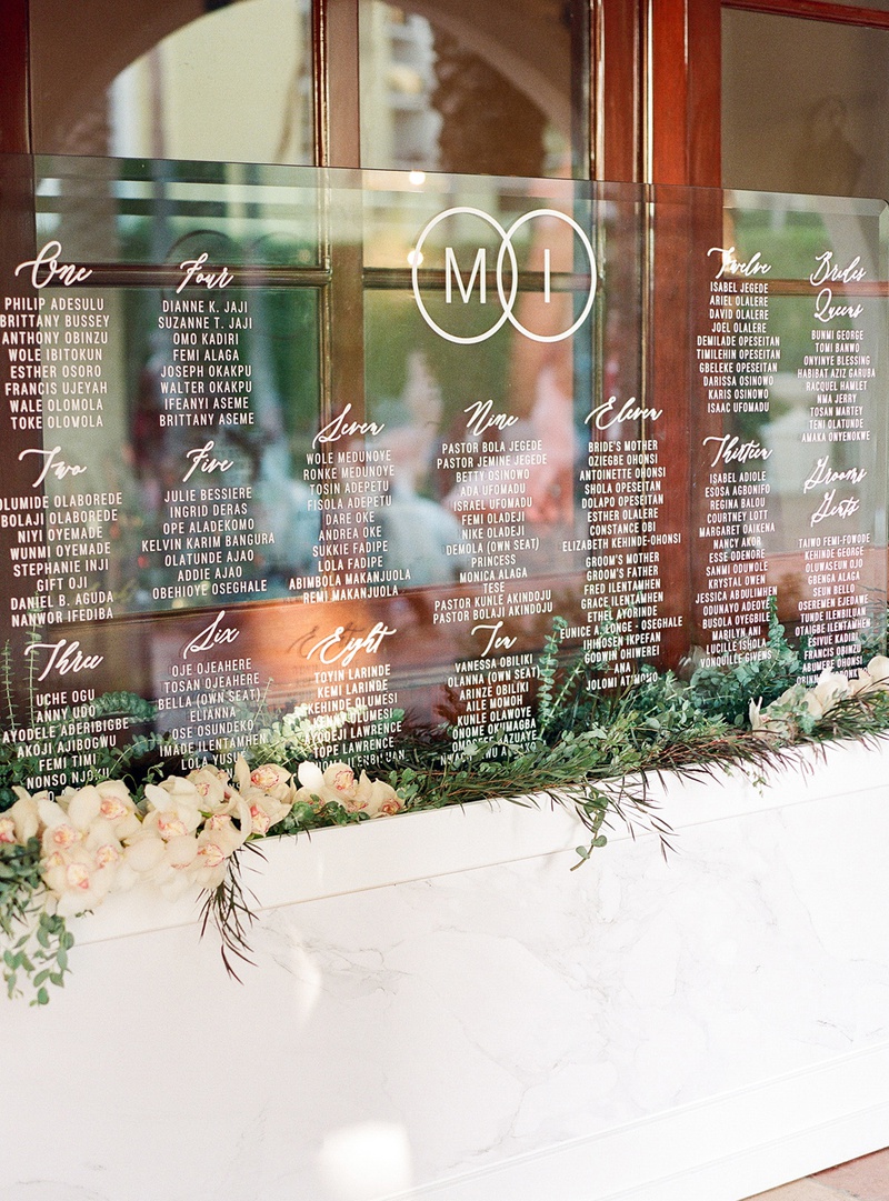 Modern affair: Acrylic wedding decor and ideas. Minimalist perspex seating chart decorated with white orchids. // mysweetengagement.com