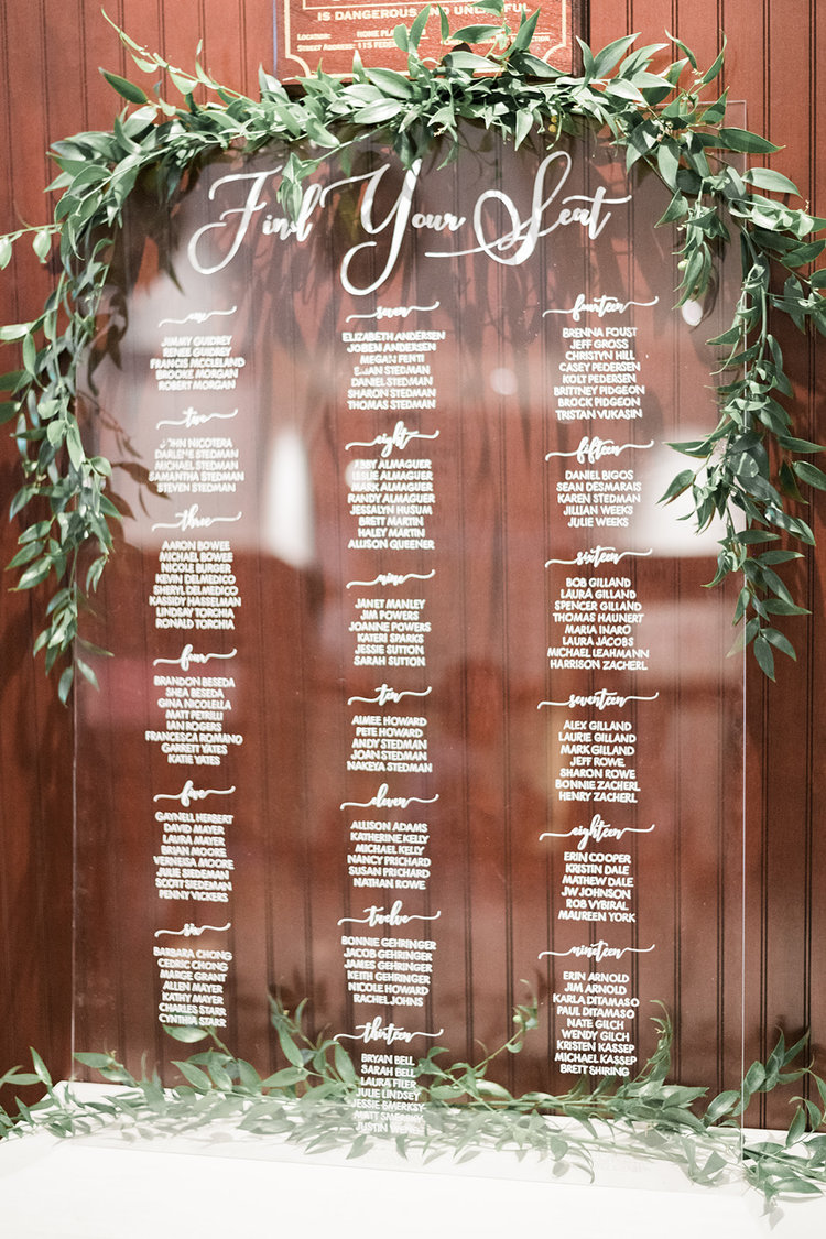 Modern affair: Acrylic wedding decor and ideas. "Find your seat" wedding seating chart on perspex sign embellished with greeneries. // mysweetengagement.com