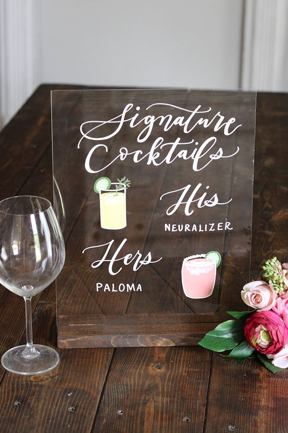 Modern affair: Acrylic wedding decor and ideas. His and Hers signature cocktail perspex sign. // mysweetengagement.com