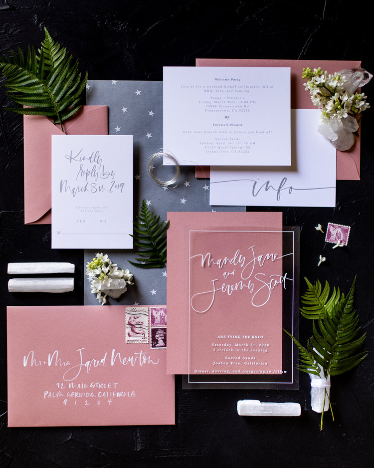 Modern affair: Acrylic wedding ideas. Dusty pink wedding stationary and perspex invitation with lettering calligraphy. // mysweetengagement.com