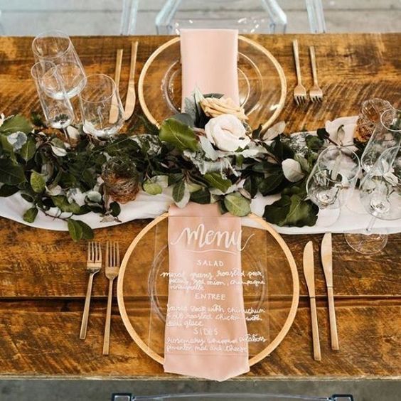 Modern affair: Acrylic wedding decor and ideas. Table setting perspex menu card with gold and blush details. // mysweetengagement.com