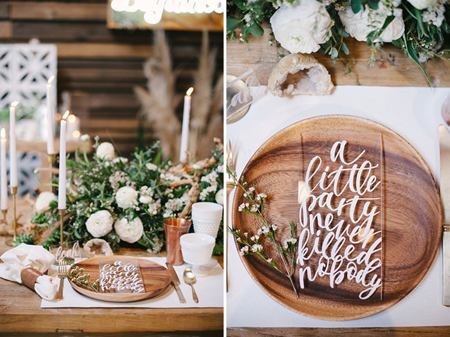 Modern affair: Acrylic wedding decor and ideas. Perspex table setting quote card (A little party never killed nobody). // mysweetengagement.com