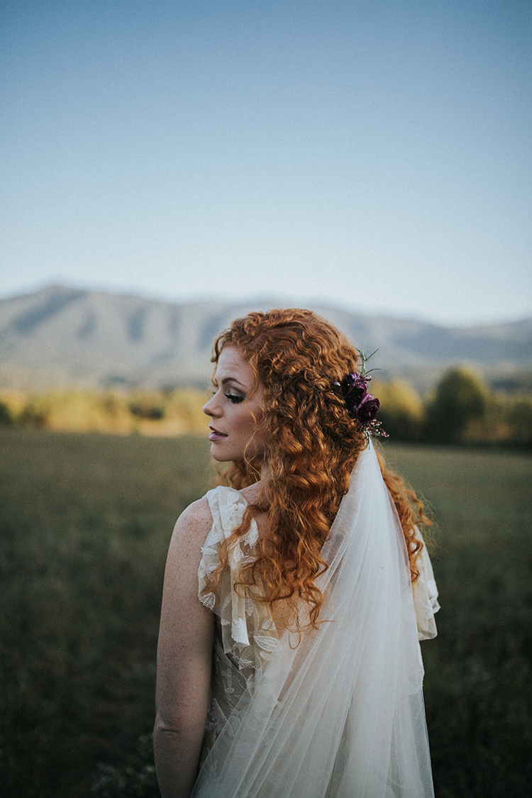 Long red curly bridal hair down with veil // mysweetengagement.com