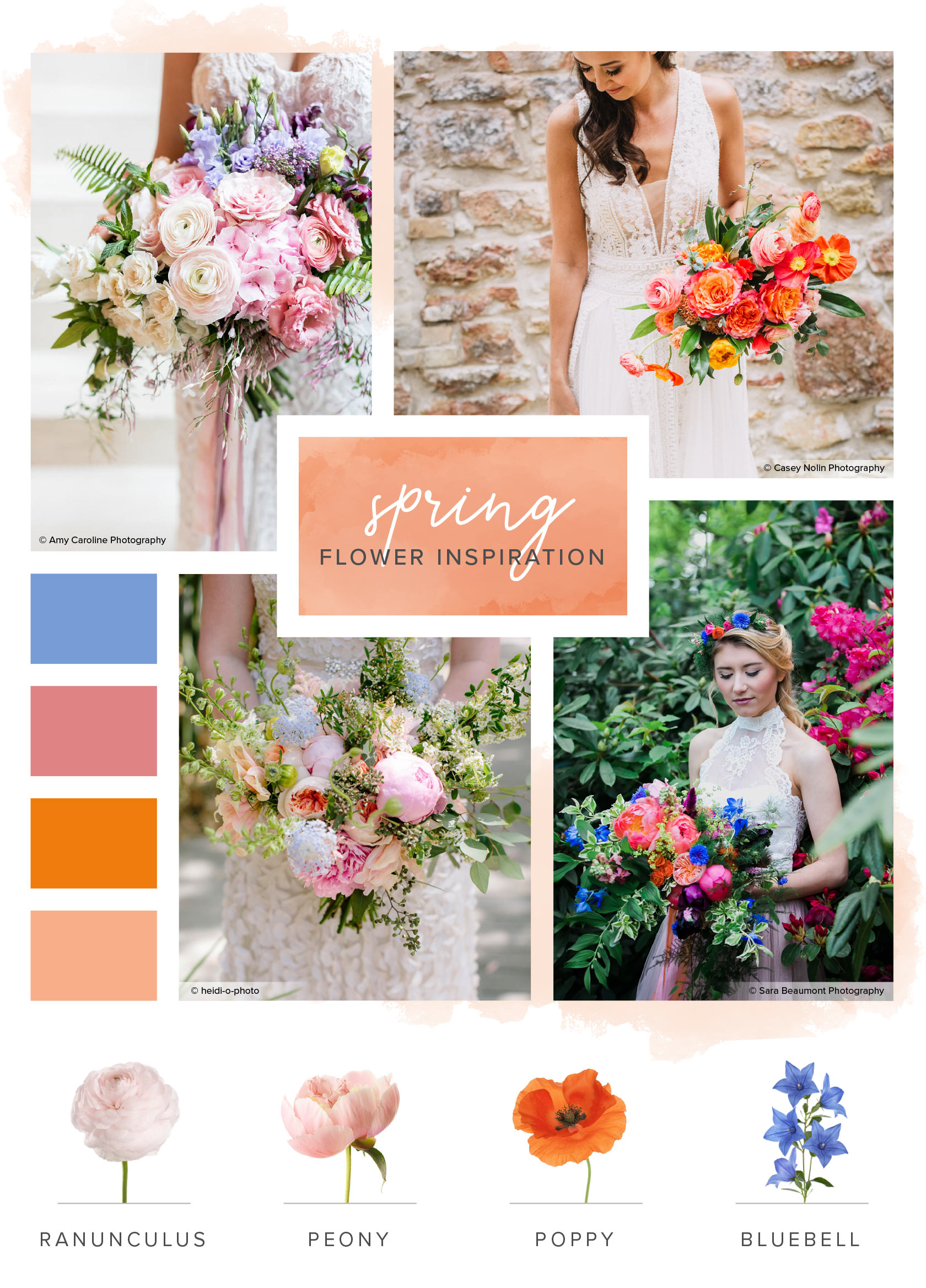 A Seasonal Guide to Minimize Your Wedding Flower Costs. Spring Flowers Bridal Bouquet and Color Scheme Inspiration. // mysweetengagement.com