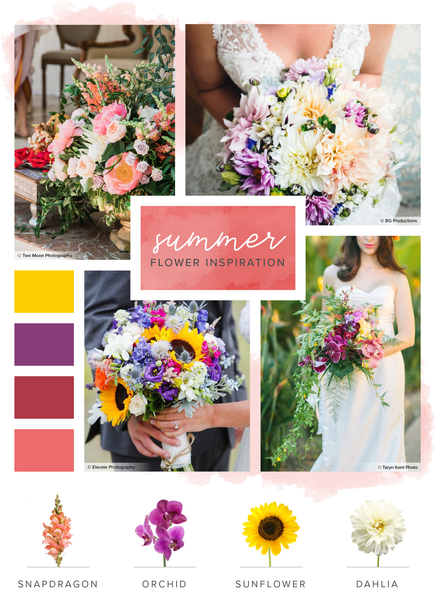 A Seasonal Guide to Minimize Your Wedding Flower Costs. Summer Flowers Bridal Bouquet and Color Scheme Inspiration. // mysweetengagement.com