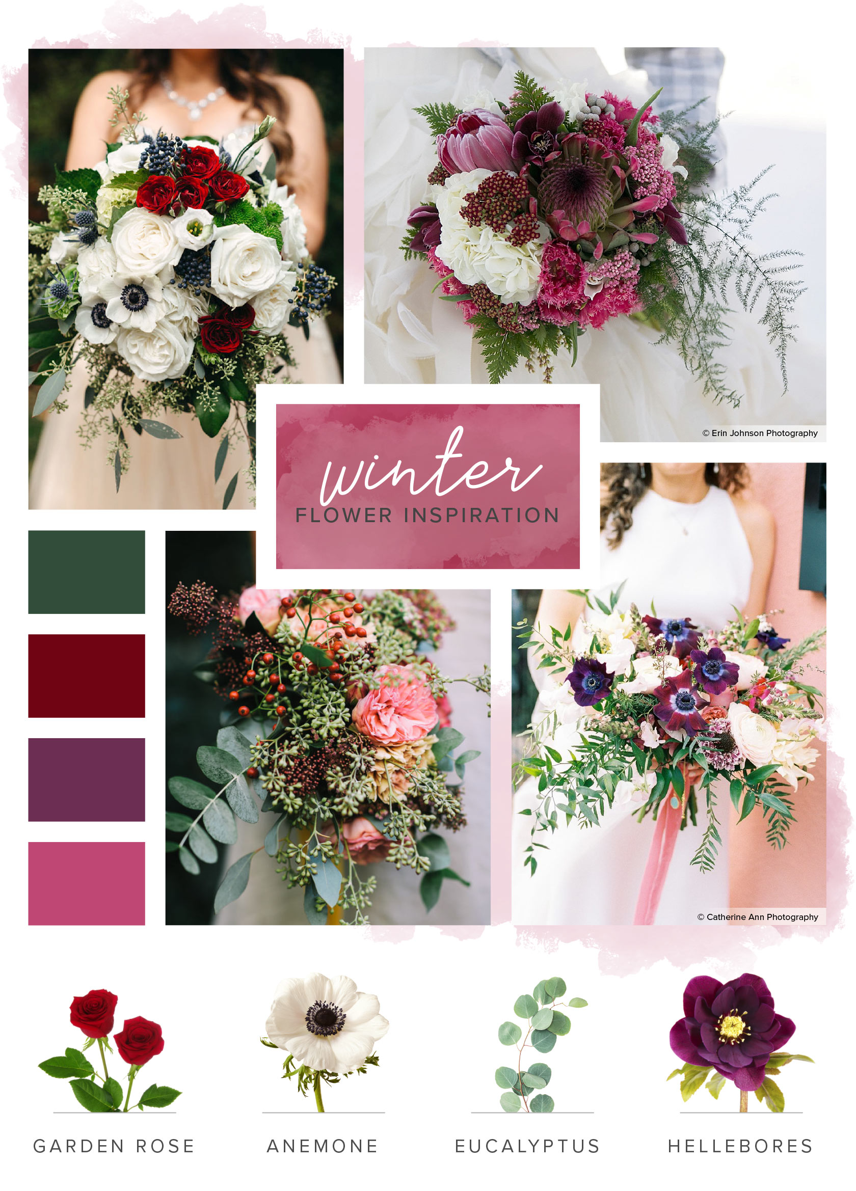 A Seasonal Guide to Minimize Your Wedding Flower Costs. Winter Flowers Bridal Bouquet and Color Scheme Inspiration. // mysweetengagement.com