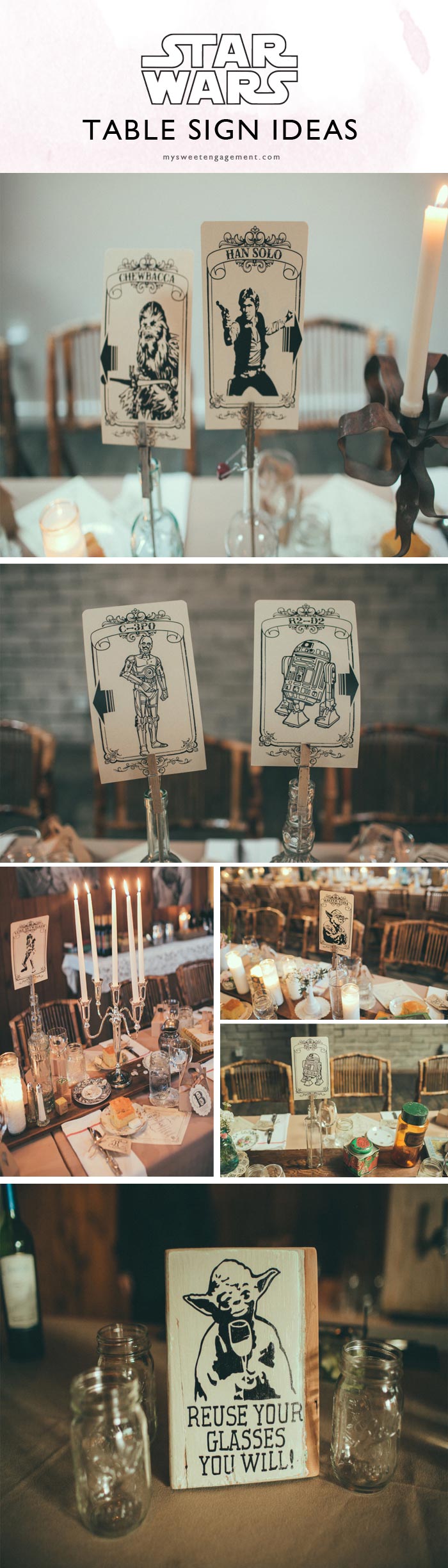 What about naming your reception tables with Star Wars characters or planets instead of simply numbers? // You're gonna love this Ultimate Guide for an Epic and Elegant Star Wars Wedding. // http://mysweetengagement.com