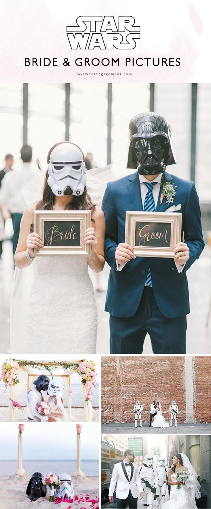 Bride and Groom photo ideas with Stormtrooper and Darth Vader helmets - even on the beach! What about this awesome Bride and Groom with Stormtroopers? Love it! // You're gonna love this Ultimate Guide for an Epic and Elegant Star Wars Wedding. // http://mysweetengagement.com