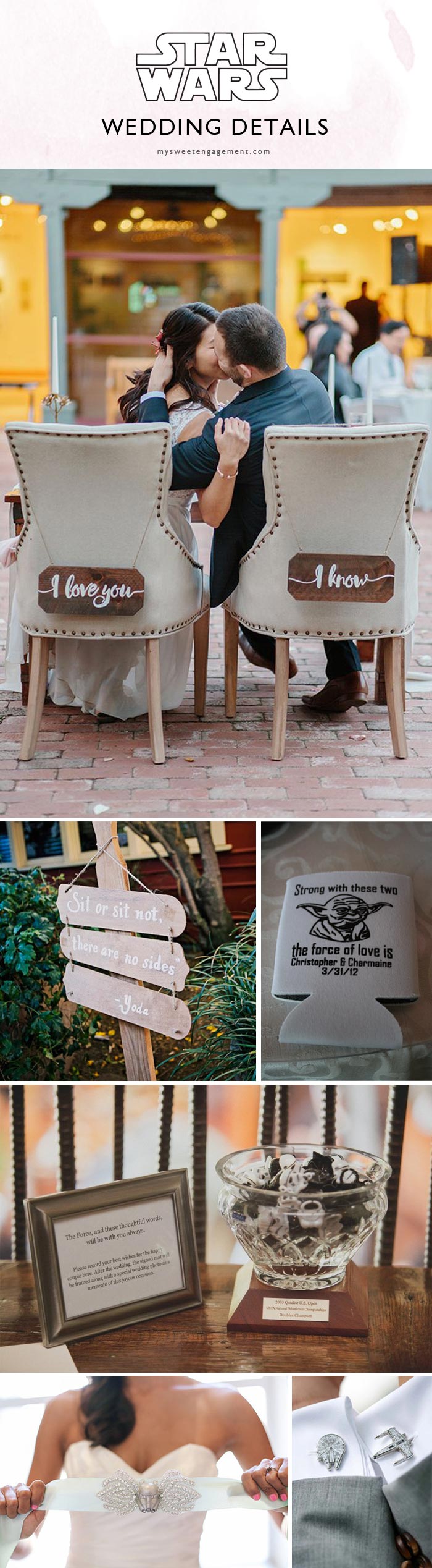 "I Love you. I know." Bride and Groom chair signs, other chair sign couple ideas: Princess + Jedi, Leia + Han. :) Wedding seating sign by Master Yoda. Star Wars wedding favors, guest book, bride and groom accessory details. // You're gonna love this Ultimate Guide for an Epic and Elegant Star Wars Wedding. // http://mysweetengagement.com