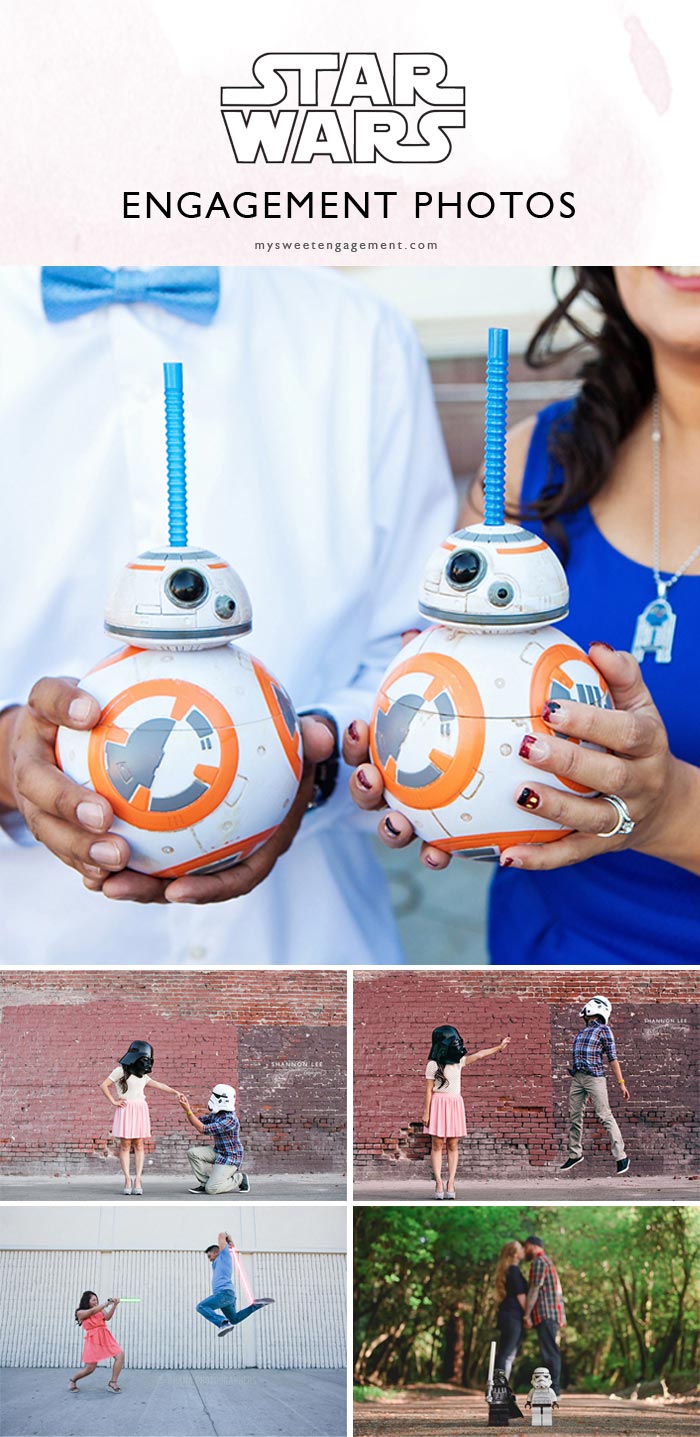 Matching Force Awakens BB-8 sipper cups, Darth Vader and Stormtrooper helmets, lightsaber Jedi battle, Star Wars lego figures for creative and geek Engagement Photos. // You're gonna love this Ultimate Guide for an Epic and Elegant Star Wars Wedding. // http://mysweetengagement.com