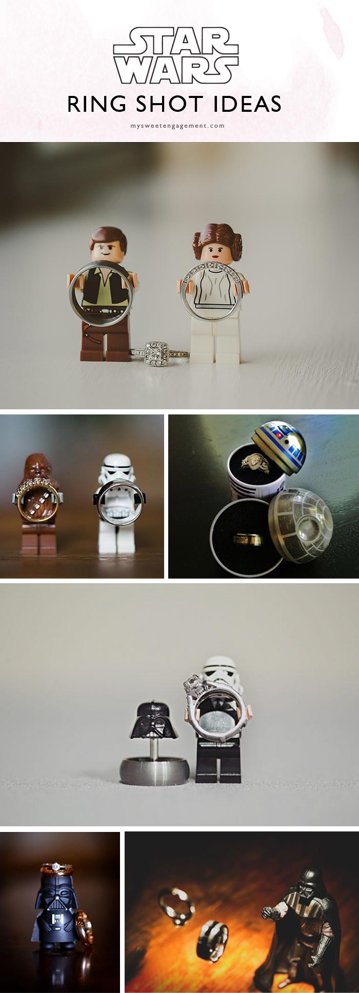 These Star Wars lego figures are really the cutest. Ring shot ideas with Han Solo, Princess Leia, Chewbacca, Stormtrooper, Darth Vader, R2D2 and Death Star ring cases. // You're gonna love this Ultimate Guide for an Epic and Elegant Star Wars Wedding. // http://mysweetengagement.com