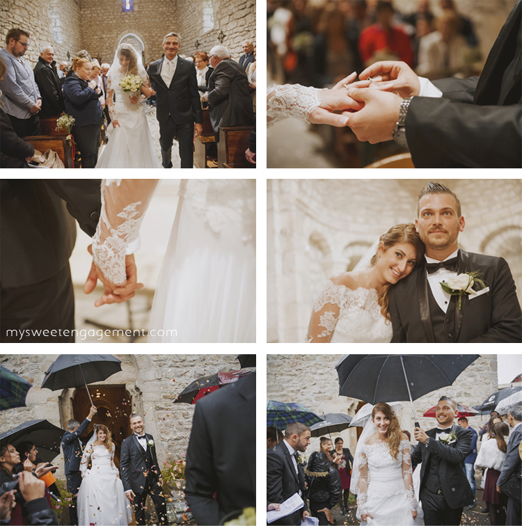cerimônia de casamento na igreja - noiva e noivo - noivos - casamento na chuva - dia chuvoso - guarda chuva - outono - saída dos noivos com bolhas de sabão - buquê da noiva vestido de casamento de renda - aliança - blog de casamento - my sweet engagement