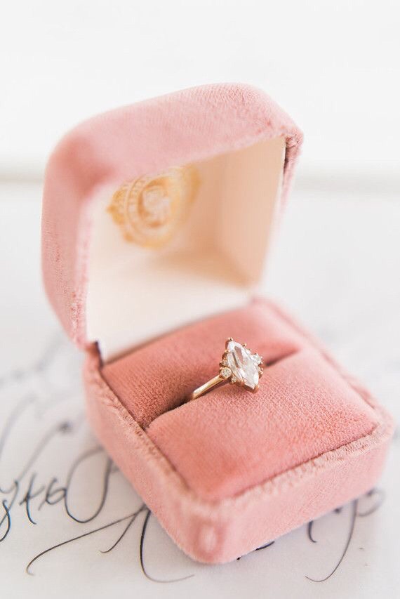 Simple and Romantic Gold Vintage Engagement Ring on a blush pink velvet box.