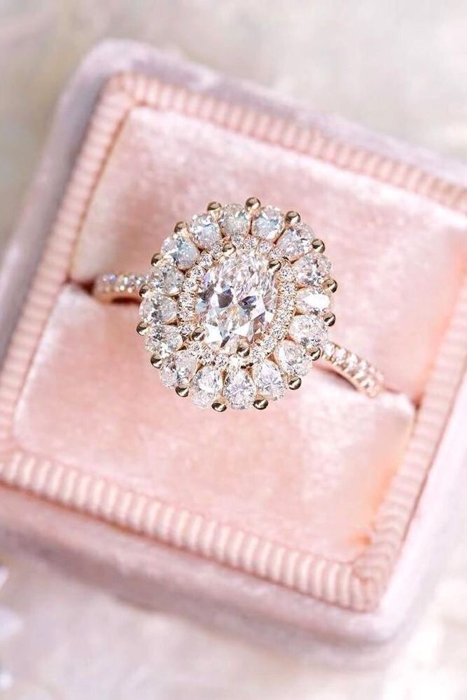 Glamorous Gold Non-Traditional Vintage Engagement Ring. Love this blush velvet ring box. 