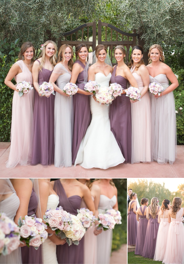 These bridesmaid dresses are fabulous!! Mismatched bridesmaid dresses on purple and blush pink. // See more: Mix It Up: 15 Mix and Match Bridesmaid Dresses Done Right // https://mysweetengagement.com