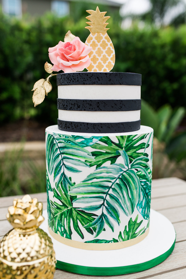 Tropical Bridal Shower Ideas: Stripes and palm leaves tropical cake // mysweetengagement.com