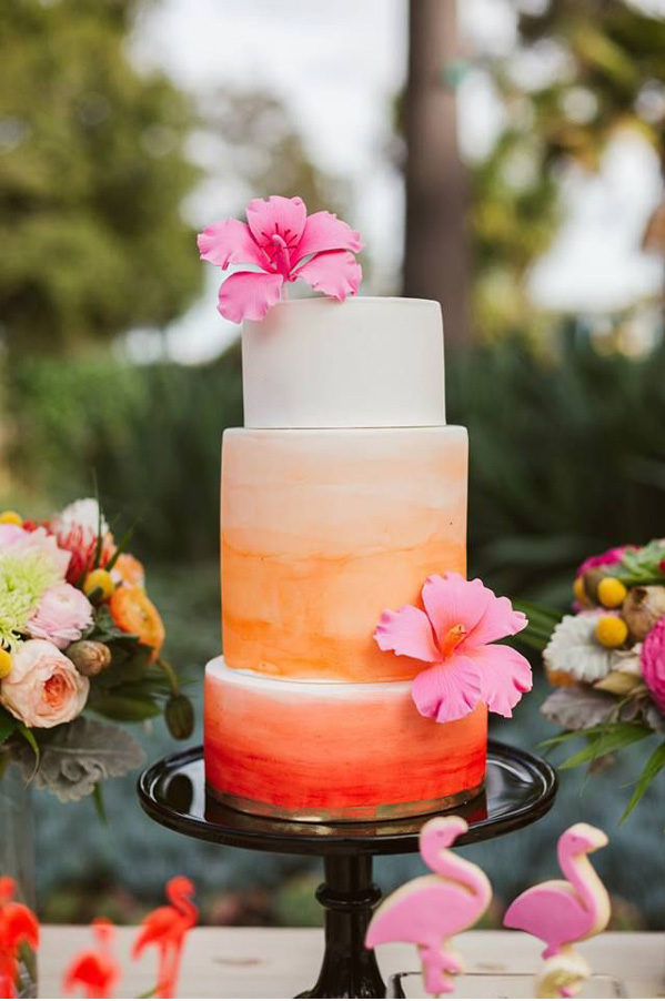 Tropical Bridal Shower Ideas: Watercolor cake with sunset vibes and hibiscus flowers // mysweetengagement.com