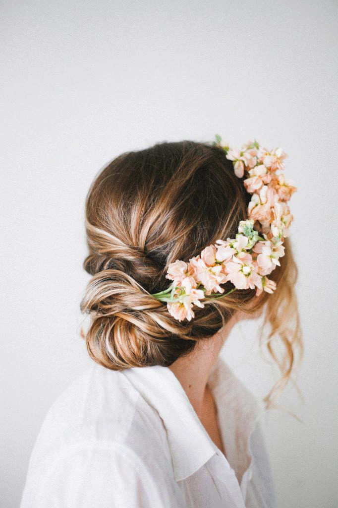 Endless love. Twisted messy bun with stunning side floral crown. 