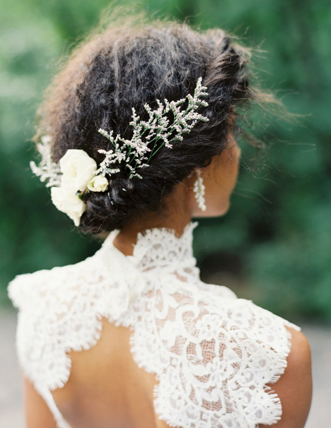 Romantic Bridal Updo for African American bride: twisted updo with fresh flowers. // mysweetengagement.com
