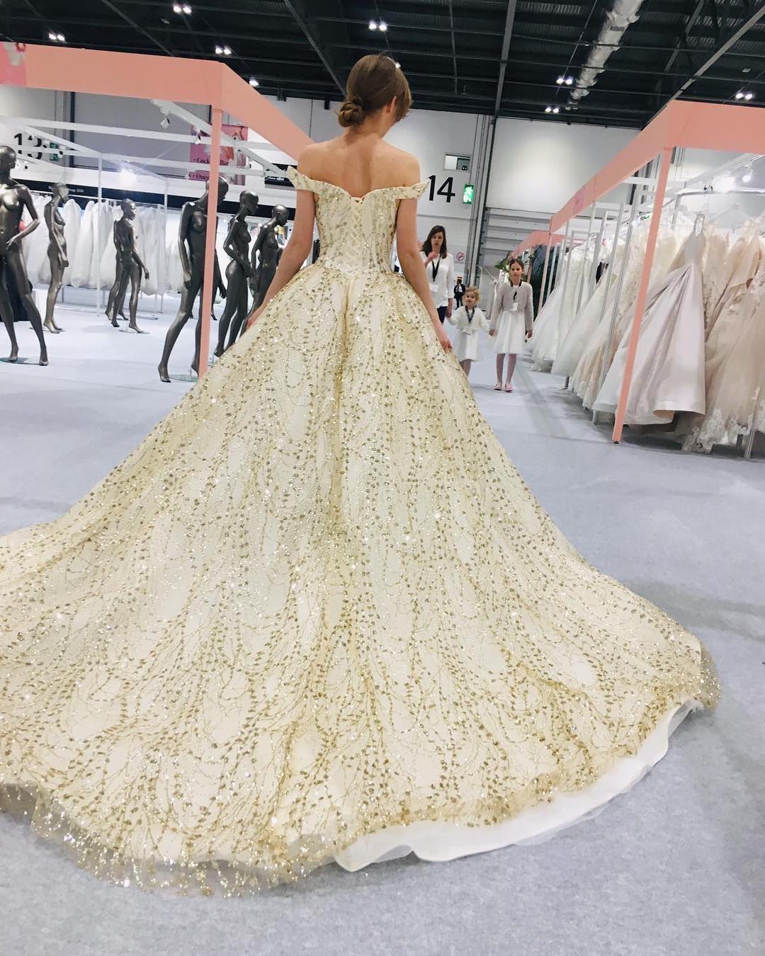 Show-stopper off-shoulder gold wedding ball gown with dazzling gold embroidery. // mysweetengagement.com
