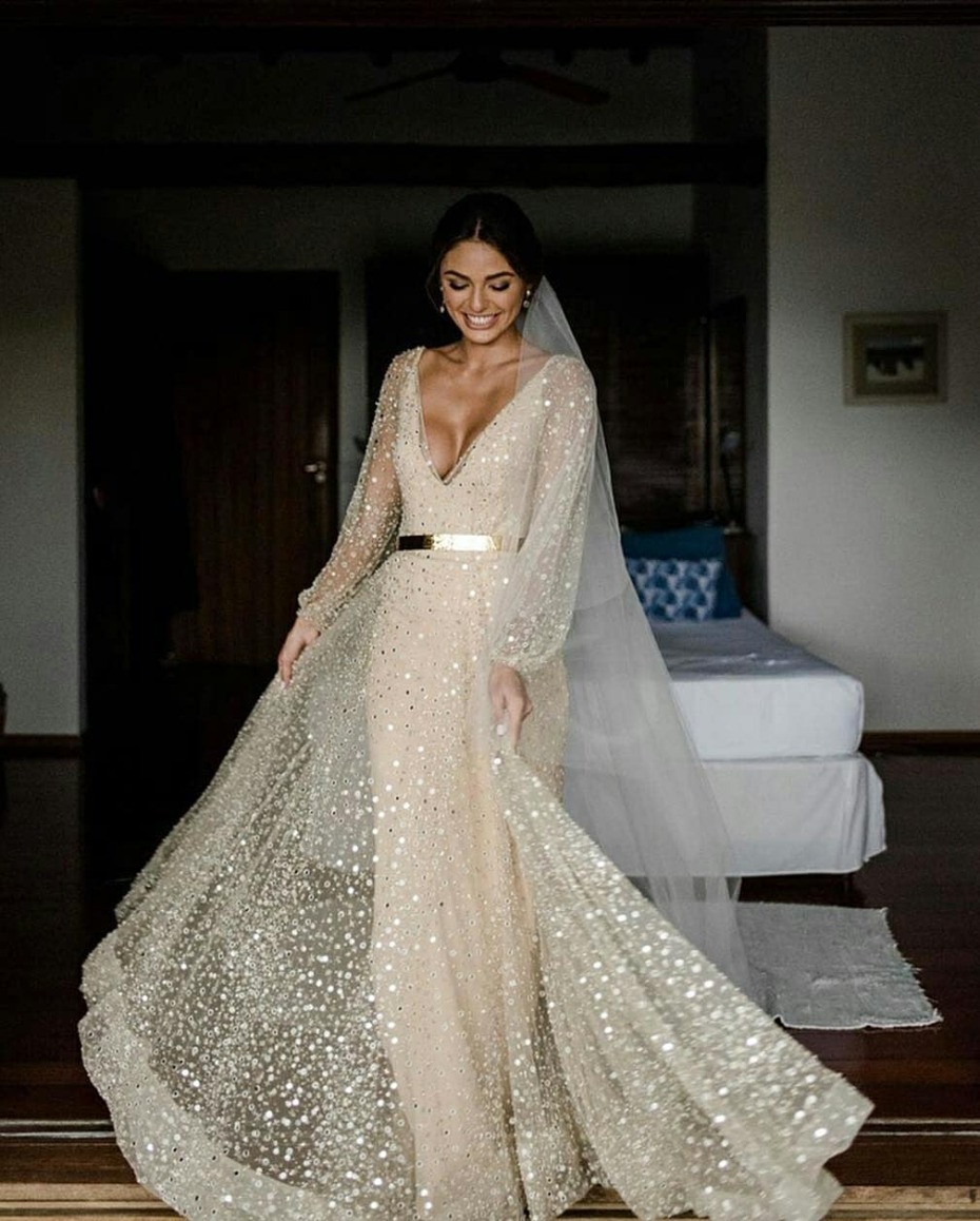 Poioiy Beach Wedding Dresses for Bride 2023 Long Sleeve Illusion Boho Bridal  Gowns for Women with Train Champagne at Amazon Women's Clothing store