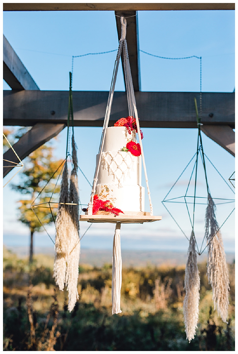 This minimalist boho inspired wedding cake is calling all bohemian brides. Three-tiered white cake, embellished with macramé and red flowers on a macramé hanging swing display. // Jaw-dropping suspended cake display ideas for your wedding day. // mysweetengagement.com