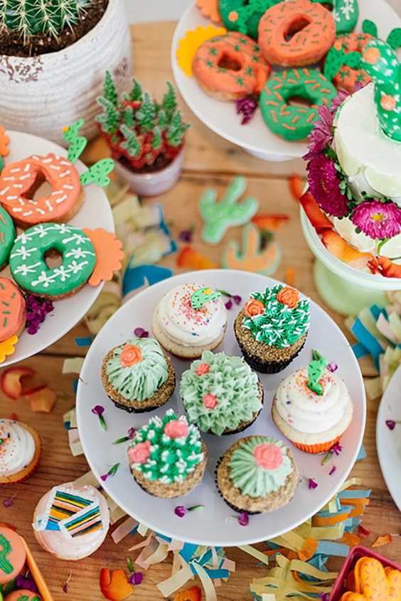 Too-cute-to-eat cactus cupcakes and donuts, to pretty up your cinco de mayo themed bridal shower // Get inspired with these Elegant Mexican Fiesta / Cinco de Mayo Themed Bridal Shower Ideas. // mysweetengagement.com